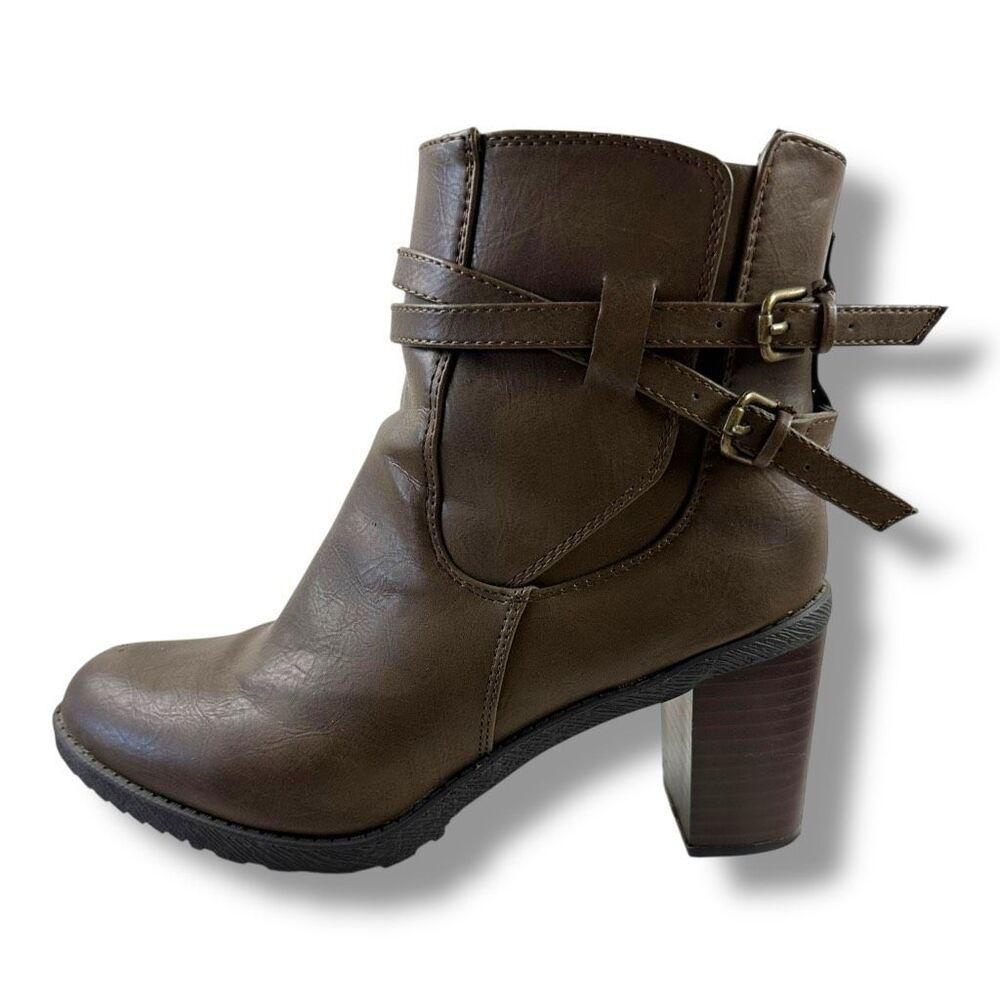 Diba Women's 7.5 Shelby Faux Leather Heeled Booties Brown Strappy Ankle Buckles